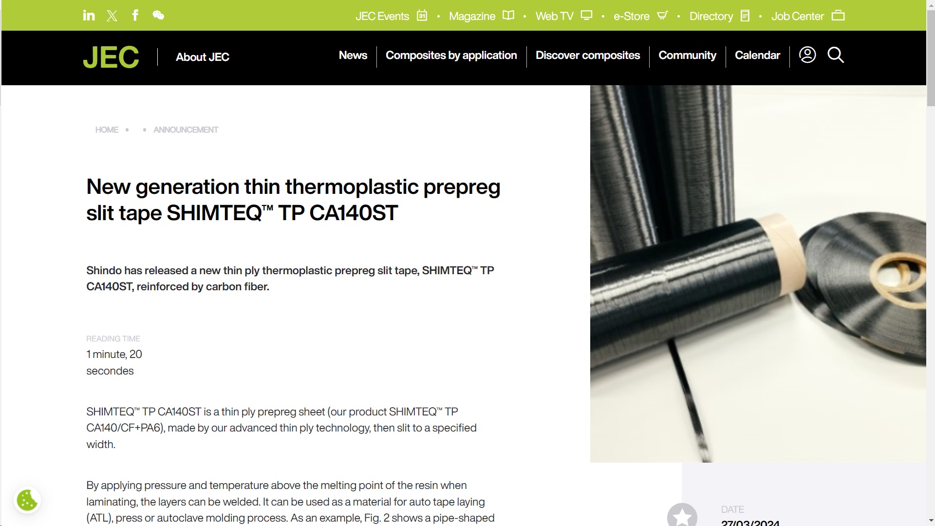 JEC thermo plastic thermoplastic prepreg slit tape SHIMTEQ TP CA140 CA140ST